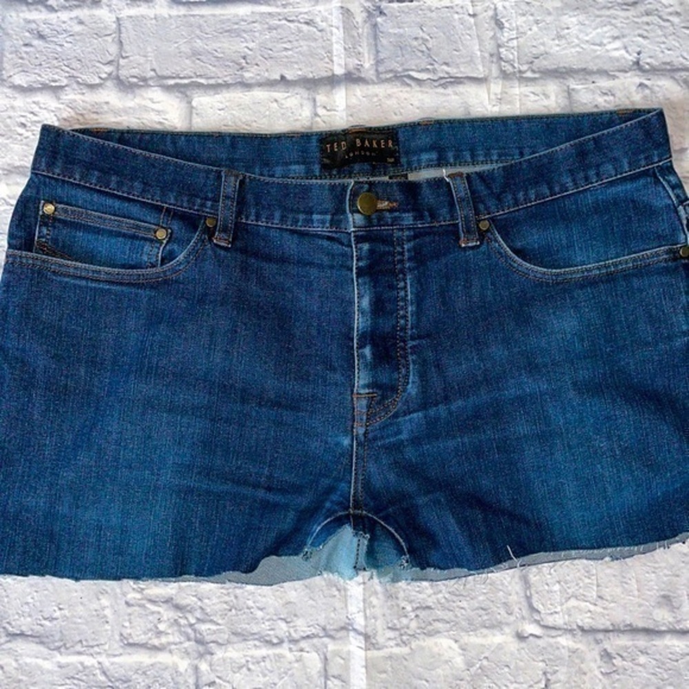 Ted Baker Micro Mini Button Fly Raw Hem Distressed Denim Homemade Jean Skirt